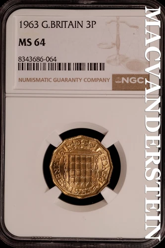 Great Britian:1963 Three Pence-NGC MS 64 Brilliant Uncirculated #SLG168