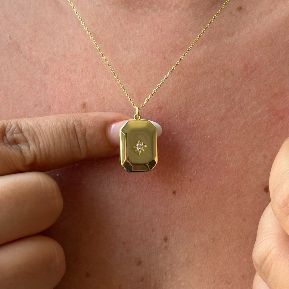 14k Gold Lab-Created Diamond North Star Locket Pendant Necklace for Women Her - Image 2 of 4