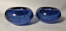 Blue Art Glass Controlled Bubble Votive Tea Light Candle Holder pair