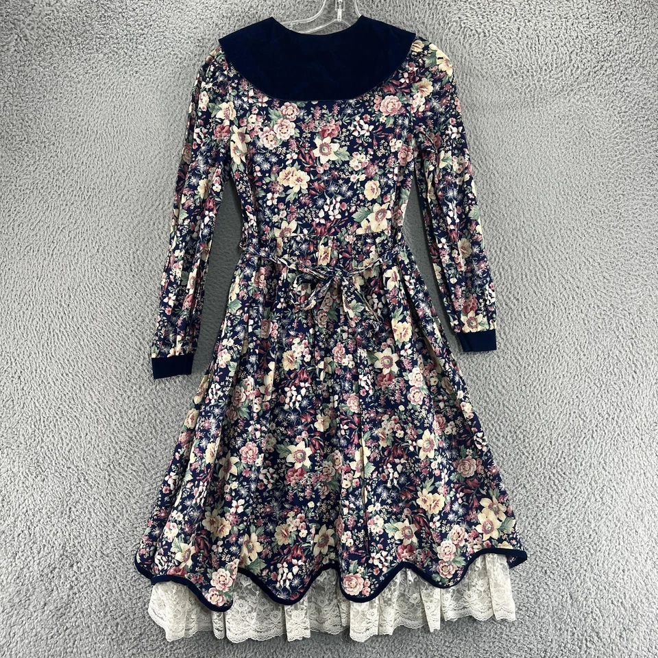 Vestido Bonnie Jean Vintage Niñas Talla 16 Azul Floral Encaje Terciopelo Cuello EE. UU. Años 80 Foto 2 de 4