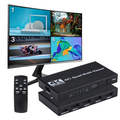 HDMI Multiviewer Switch 4x1, Quad Multi-Viewer 4 in 1 Out switcher with IR