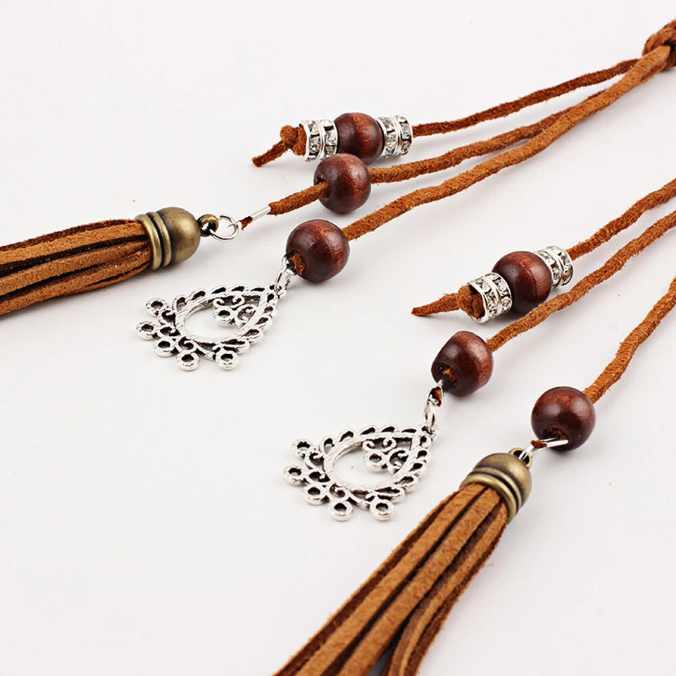 Mujeres Imitación Cuero Trenzado Cinturón Ajustado Dama Cuentas de Madera Borlas Cintura Delgada Foto 3 de 4