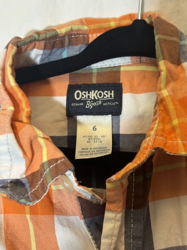 Genuine Kids Oshkosh Boys Size 6 Orange Blue Plaid Button Down Long Sleeve B17 - Picture 2 of 3