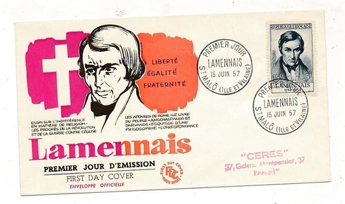 D367297 France FDC Lamennais Famous People 1957
