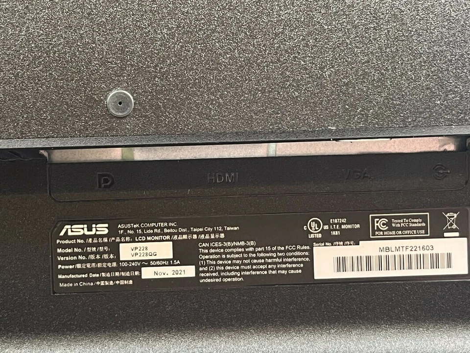 ASUS VP228 21.5" GAMING MONITOR 100-240V 50/60HZ 1.5A 901LM01K0-B021B0 - Image 3 of 3