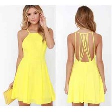 Lulu's Women's Strappy Together Yellow Backless Fit & Flare Mini Dress Size S