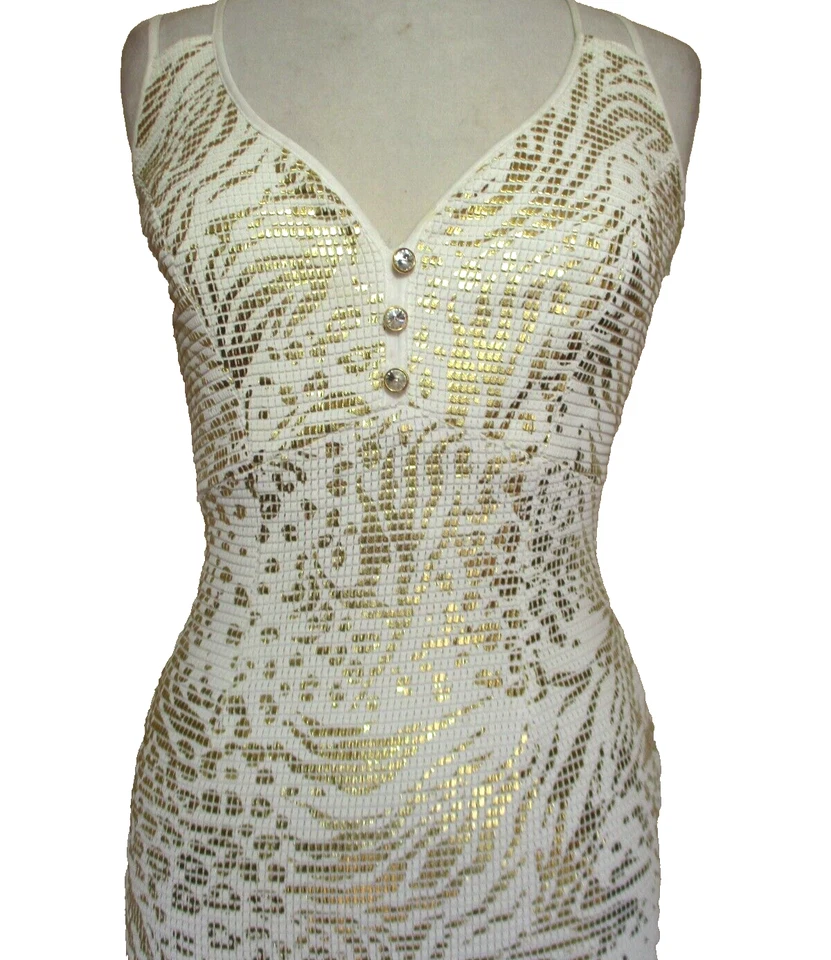 Vestido de noche vintage años 80 Janine malla cota de malla XS para mujer dorado blanco Foto 3 de 4