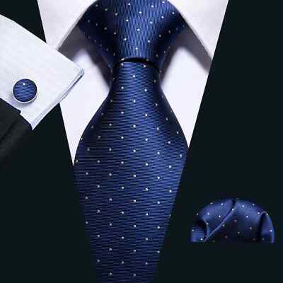 ITALIENISCHER DESIGNER marineblau & beige POLKA gepunktete SEIDENKRAWATTE, TASCHENTUCH & MANSCHETTENKNÖPFE