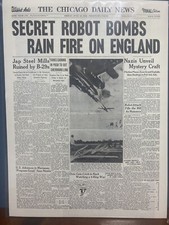 VINTAGE NEWSPAPER HEADLINE ~ SECRET DRAGON DRONES RAIN FIRE ON ENGLAND WW2 1944