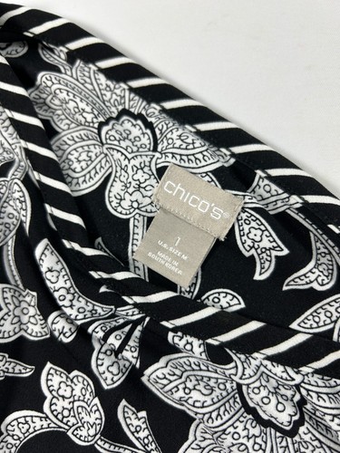 Chicos Damenbluse Größe 1 Medium schwarz weiß Blumenmuster 3/4 Ärmel zum Überziehen - Bild 3 von 7