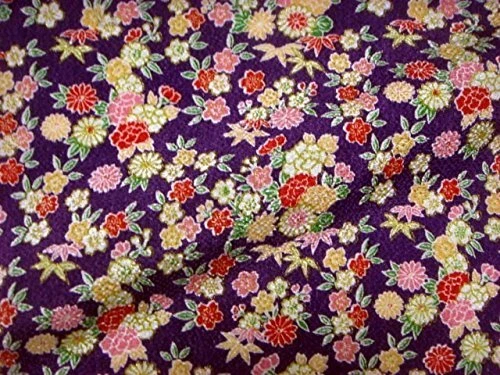 Yuzen Gold Chirimen 和服面料 19.7x27.6 英寸紫色带金色花卉日本 — 第 2/3 张图片