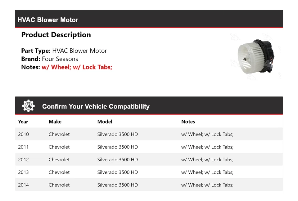 Motor de ventilador HVAC Chevrolet Silverado 3500 HD 2010-2014 4 temporadas 2011 2012 - Imagem 2 de 4