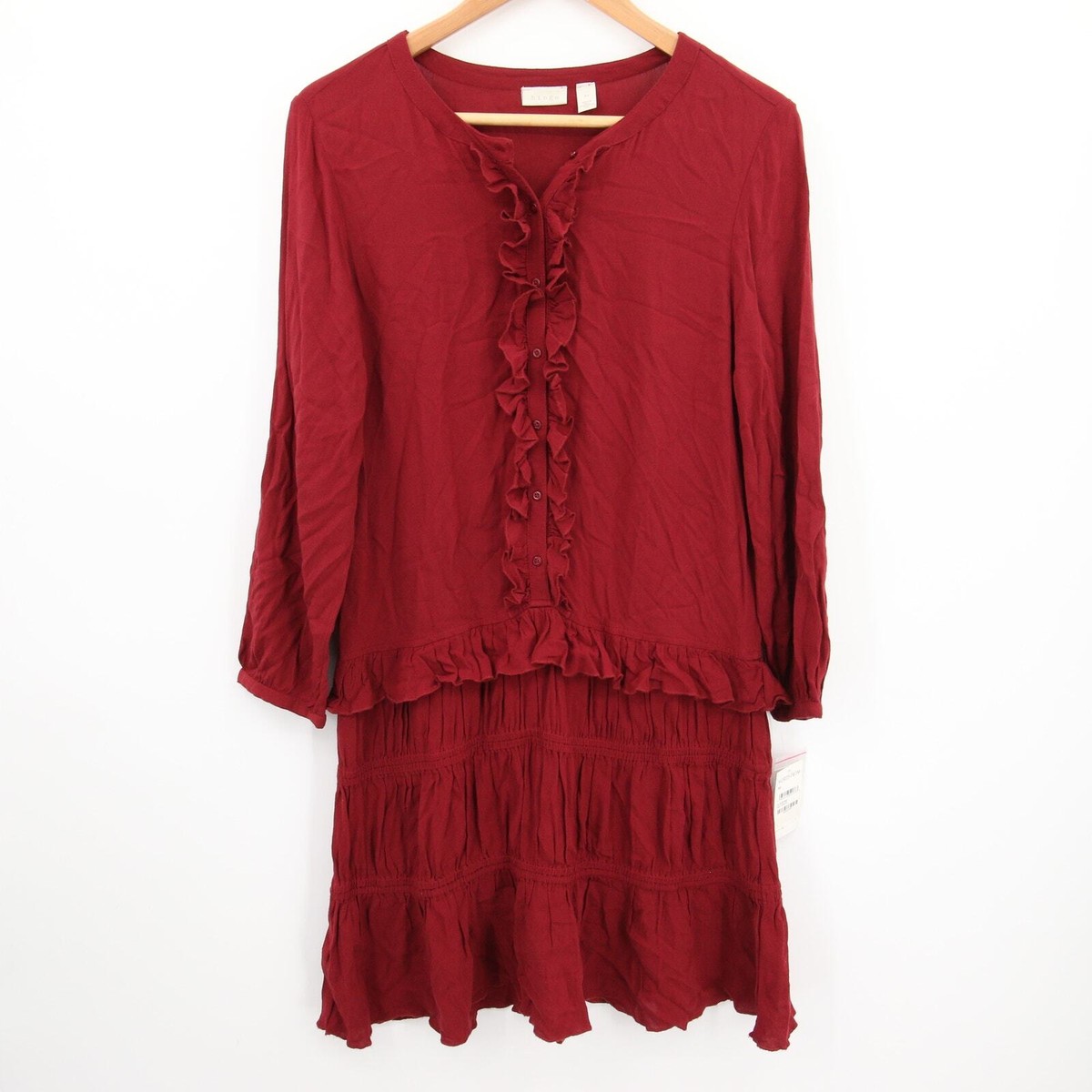 Nordstrom Hinge Dress Burgundy Ruffle Long Sleeve Button Front Tiered Size  XS