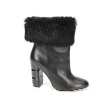 Salvatore Ferragamo Loris Black Leather Rabbit Fur Heeled Ankle Bootie 5.5 Shoes