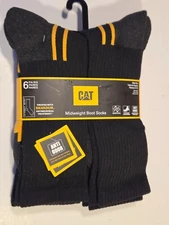 CATERPILLAR Mens Crew Socks Mid-Weight Boot Cushion 6 Pack BLACK/ YELLOW SS 8-12