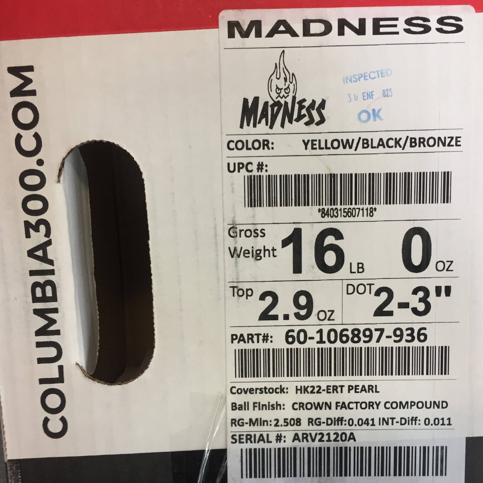 Columbia 300 Madness  BOWLING ball 16 lb  1ST QUALITY new in box  #120a