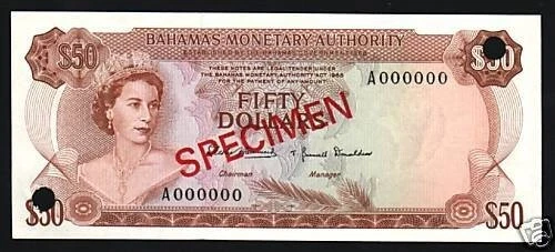 Bahamas 50 DOLLARS P-32 1968 Queen ♛ Elizabeth QEII RARE Specimen UNC Boat NOTE - Image 3 of 3