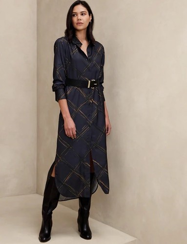 Banana Republic Print Soft Satin Feel Maxi Dress Navy | Tan Size Small Oversized