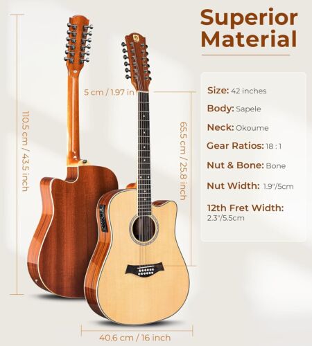 Vangoa 12 String Guitar, Acoustic Electric Guitar 12 Strings, Bone Nut - Picture 7 of 9
