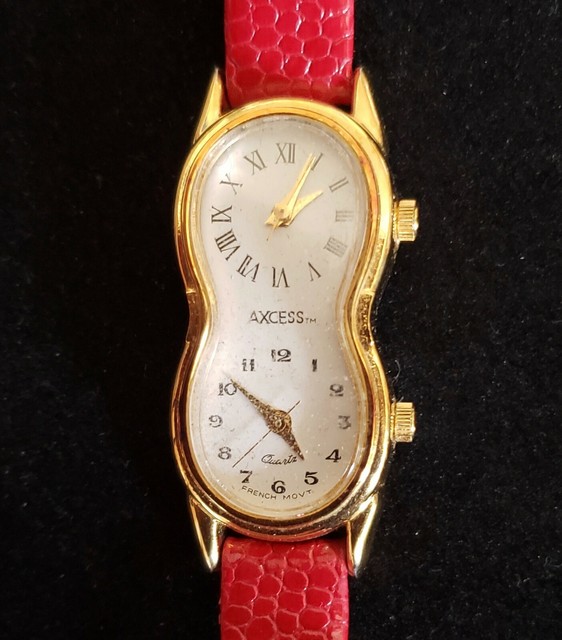 VINTAGE Axcess Ladies DUAL TIME ZONE Leather Strap Watch Red eBay