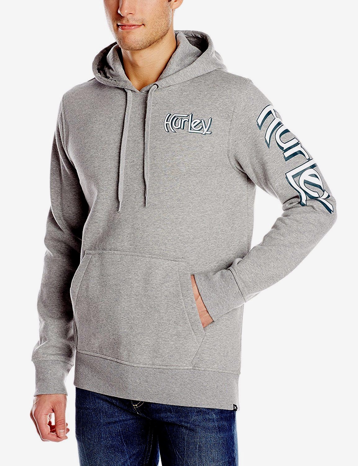 Hurley ORIGINAL PULLOVER Heather Grey White Logo Pocket Sweatshirt Men's Hoodie