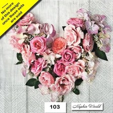  103 TWO Individual Paper Luncheon Decoupage Napkins - HEART ROSES FLOWERS