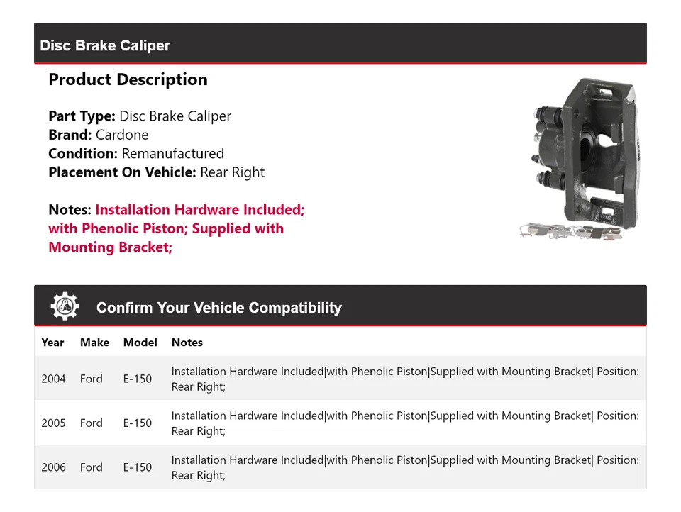 Pinza de freno de disco trasera derecha Cardone 2005 para Ford E-150 2004-2006 Foto 2 de 4