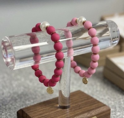 2 Rustic Cuff Bracelet Pink Beads Stretch Metal Gold Logo