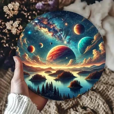 Retro Solar System Planets Stars Round Aluminum Space Decor