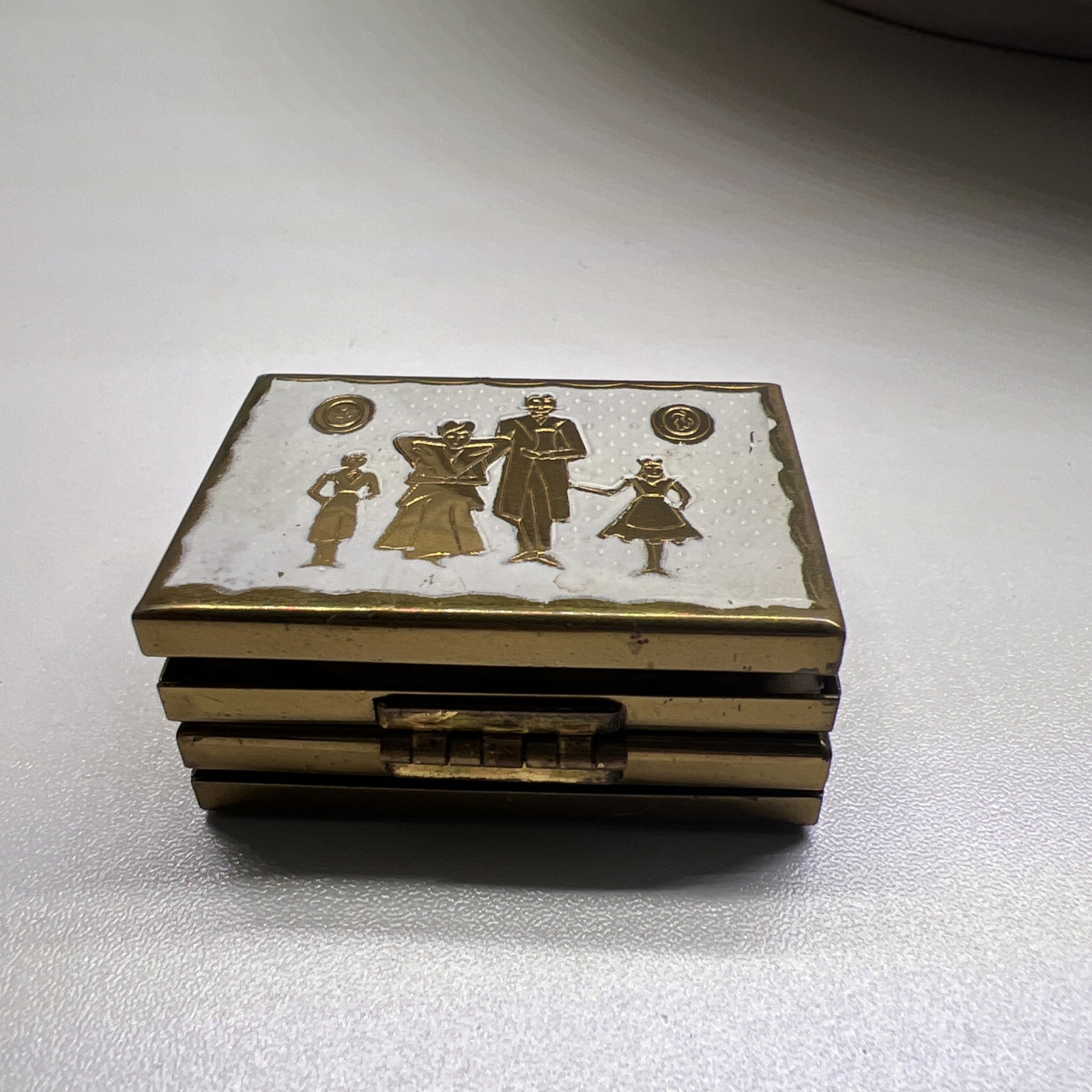 Vintage Nucear Family Compact Mini Photo Frame Brass & White Enamel 1940s