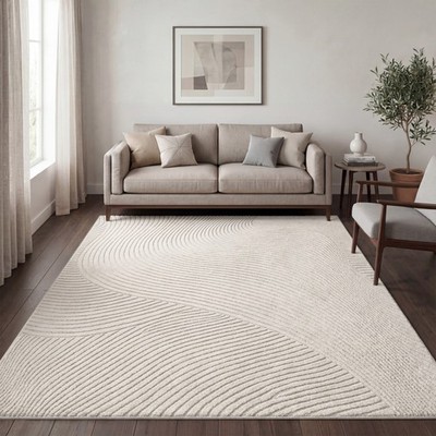 Teppich Wohnzimmer Kurzflor Skandi Japandi Boho Abstraktes Muster 3D Uni Creme