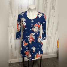 Old Navy Navy Blue Floral 3/4 Sleeve Keyhole Back Fit & Flare Mini Dress XS