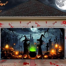 Lighted Witch Halloween Garage Door Decorations Banner - 7 x 16 ft Halloween ...