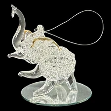 Hand Blown Spun Glass Elephant Figurine Ornament Clear Gold Accents Mirror Base
