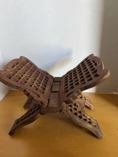 VTG Hand Carved Wooden Book Holder Folding Bible Cookbook Display Stand Checkard