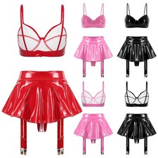 Women Outfit Party Clubwear Straps Sets Built-in Thongs Ruffled Wet Look Rave