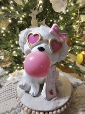 BELLA LUX Little White Dog Pink Bubble Hearts & Bow Coquette Valentines Decor