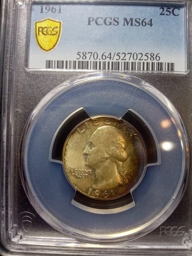 1961 MS 64 90% Silver Washington Quarter PCGS Toned And Rainbow