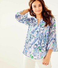 LILLY PULITZER ELENORA SILK TOP, COASTAL BLUE, TAILS OF THE SEA, NWT $178, XXS