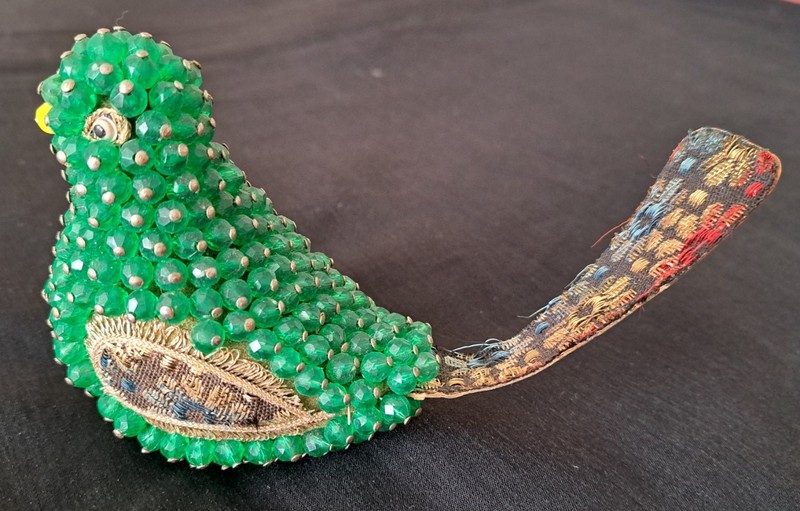 Vintage Fancy Handmade Beaded Push Pin Bird Christmas Ornament w/fabric accents