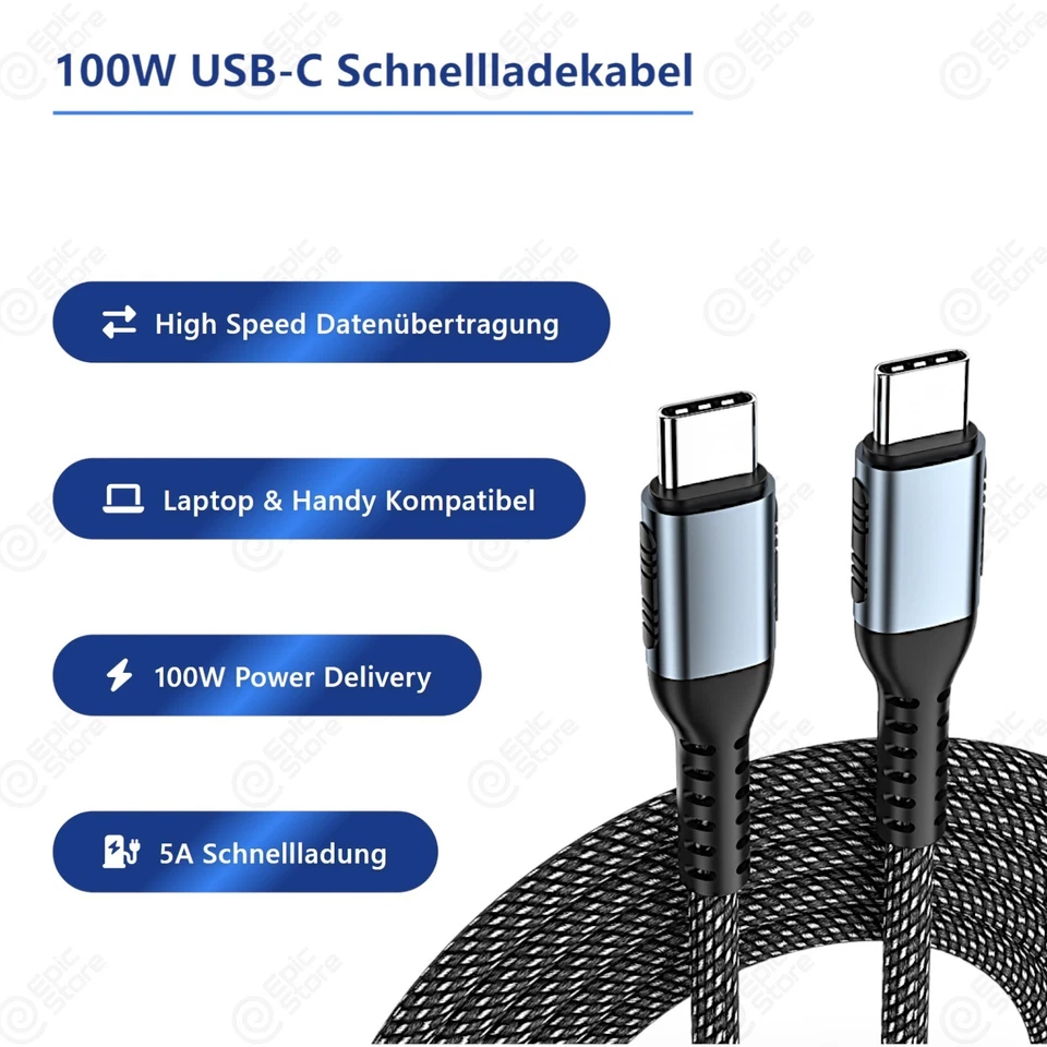100W USB-C auf Typ-C Kabel Ladekabel Datenkabel Schnellladekabel 1m-2m - Bild 1 von 4