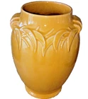 VINTAGE 1940s McCOY  POTTERY YELLOW VASE EMBOSSED LEAF DOUBLE HANDLE ART DECO 9"