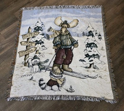 Moose Ski Snow Tapestry Blanket Throw Winter Lodge Cabin Bunny Slopes Woodland - Image 1 of 4
