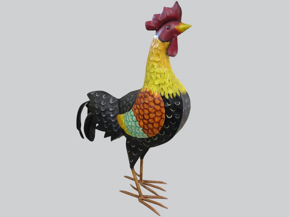 Country Rustic 23" Tall Black & Yellow Metal Rooster Chicken Yard Art Farm - Image 2 of 4