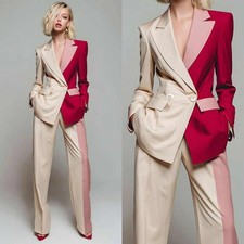 Women Suits Color Blocking Peak Lapel Slim Fit Evening Party Cocktail Bussiness