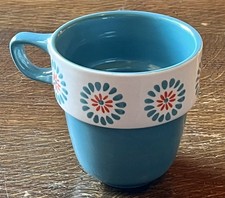 M&S Hand Painted Teal Blue With Orange Flowers Stackable 4” Ceramic Mug. New