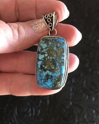 Blue Turquoise Web Matrix Box Bezel 2  Artisan Made Chunky Pendant