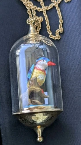 Bill Skinner Kingfisher Glass Dome Pendant Long Necklace Gold Tone Boxed - product listing photo