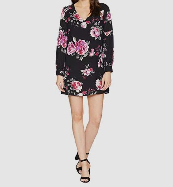 American Rose Women's Black Hazel Printed Long Sleeve Shift Dress Size M