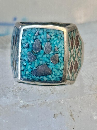 Bear Paw ring coral chips turquoise size 10.75 sterling silver women men